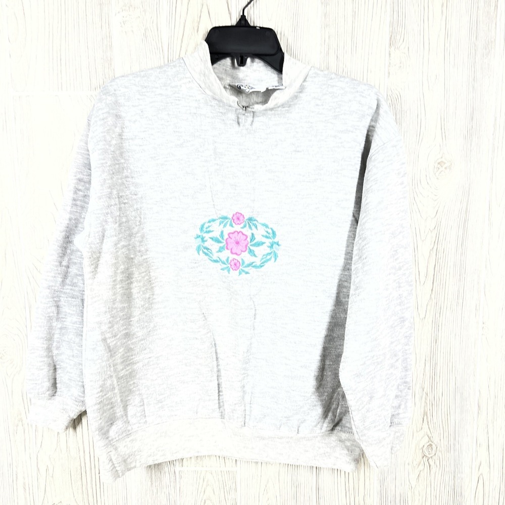 Vtg E.B. Sport Sweatshirt Womens Medium Embroidered‎ Flower Gray